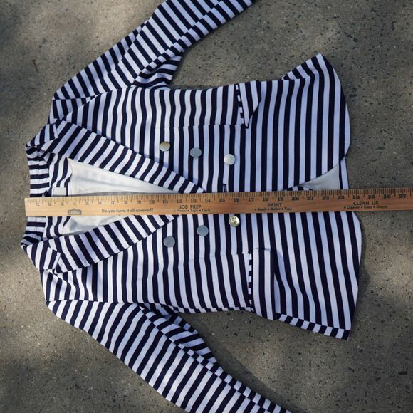 H&M Navy White Striped Blazer Gold Button Tailored Jacket Size 12 Preppy Work - Picture 13 of 15